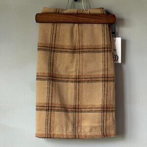 Tan + espresso brown plaid mini skirt (M)